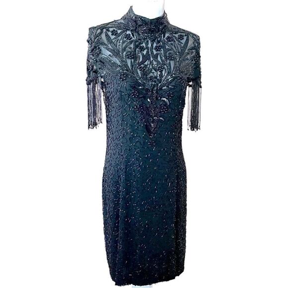 Vintage Nite Line Silk Beaded Fringe Cocktail Dress - Picture 1 of 13